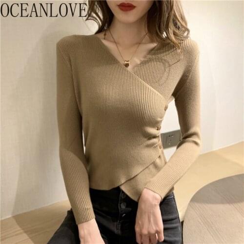 OCEANLOVE V Neck Solid Woman Sweaters Slim 2021 Spring Autumn Solid Sexy Tops Pull Femme Korean Vintage Mujer Sueteres 19504