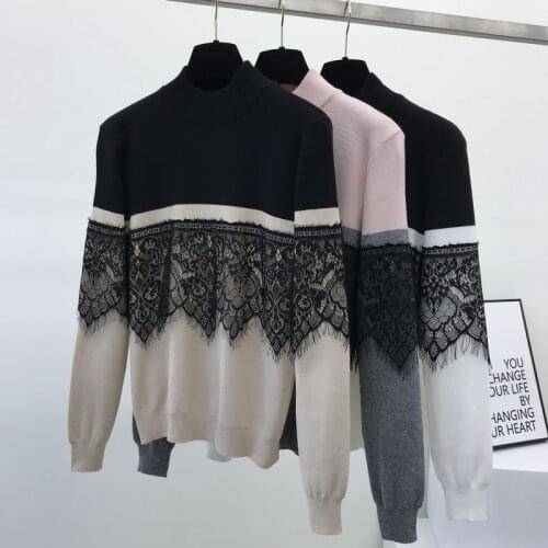 Autumn Turtleneck patchwork Lace Sweater Women long-sleeve knitted Pullovers