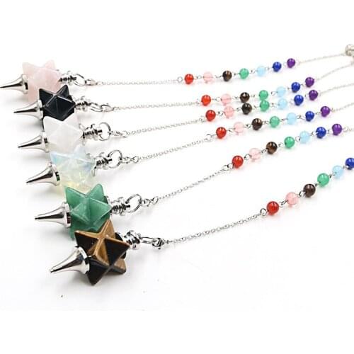 Silver Plated Merkaba Star Point Green Aventurine Pendulum Pendant Healing Chakra Tiger Eye Stone Metaphysical Jewelry