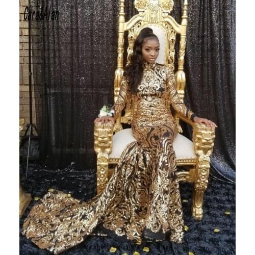 Sexy African Black Girls Prom Dresses With Gold Appliques High Neck Backless Mermaid Evening Dress Party vestidos de graduación
