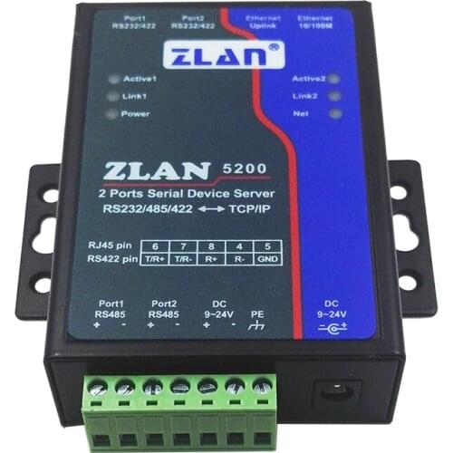 Industrial dual serial device server ZLAN5200 support 2 RS232 ports, 2 RS422/485 ports, can realize 2 serial ports simultaneous