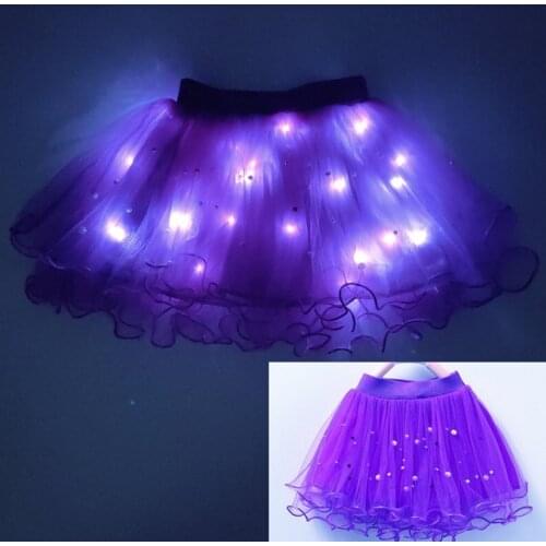 Novel Skirt Beaded Chiffon 3 Layers Skirts Princess Tulle Party Fluffy Bottom Skirt led skirt violet Luminous With lamp skirt