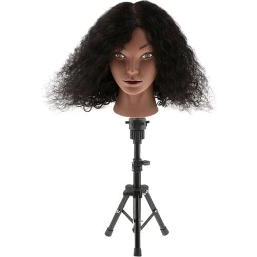 Silicone Cosmetology Practice Training Mannequin Head Human Hair + Tripod Stand Holder for Color Style Cut African American