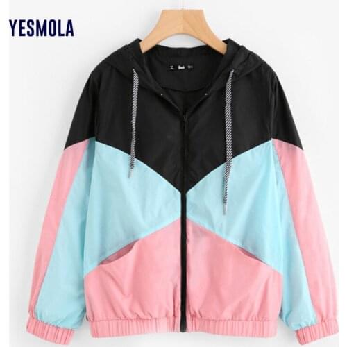 YESMOLA Patchwork Sportwear Womens Hoodie Long Sleeve Coat 2021 New Autumn Female Casual Loose Tops Jacket Clothing