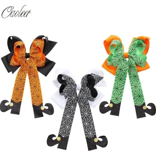 3 Pcs/Lot Boots Style Halloween Hairgrips for Girls Web Print Ribbon Hair Bows Holder Glitter Hairgrips Stacked Hair Accessories