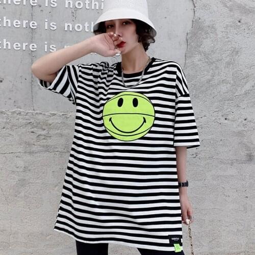 New femalestripe t shirt short sleeve summer appliques loose mid-length clothes Harajuku woman t shirt Large size tops