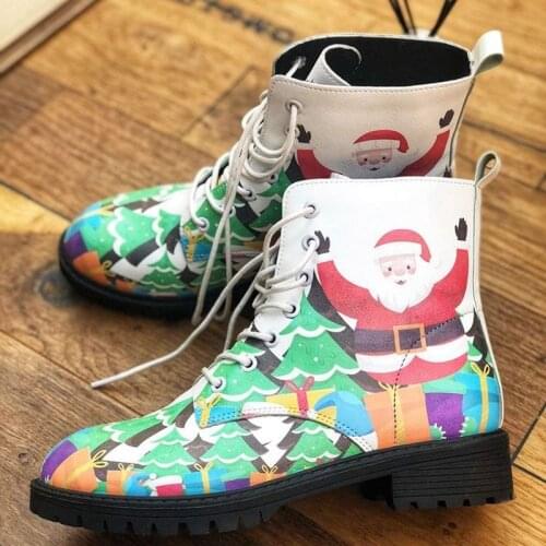 2021 Women Ankle Boots Low Heels Shoes Woman Vintage Pu Leather Autumn Warm Winter high Snow Boots Motorcycle Skull Pansy