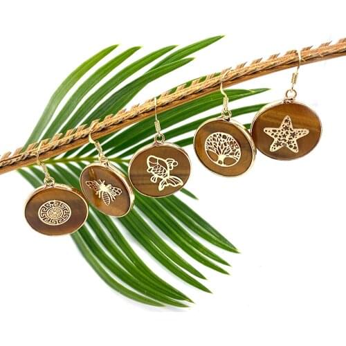 Tigers eye earrings for women wrapped natural stone round color stitching retro pendant earrings Fashion jewelry 2021 26mm