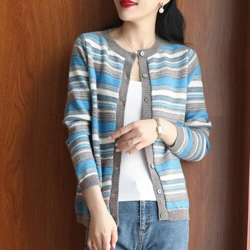 2021 Fashion Striped 100%Pure Wool Cardigan Women Round Neck Autumn And Winter New Sweater Wild Coat Knitted Cashmere Top Jacket
