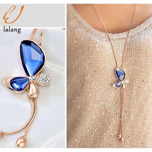 Sweater Chain Blue Gem Rhinestone Crystal Necklace Women Butterfly Pendant Necklaces Long Tassel Necklace Accessories