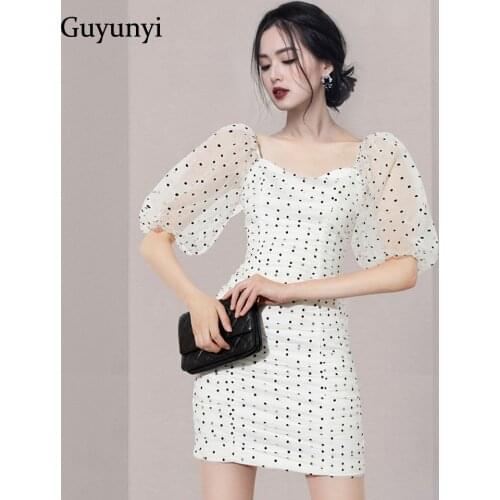 High Street White Dress 2021 Summer Mesh Black Wavelet Dots Puff Sleeve Square Collar High Waist Tight Attend Event Party Dress