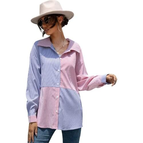 2021 Autumn and Winter Stripe Color Contrast Splicing Blouse Blue and Pink Tops for Women