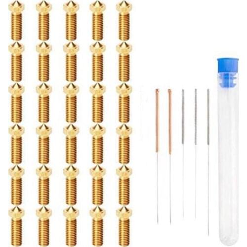 30PCS M6 Extruder Nozzles 3D Printer Nozzles Different Sizes Nozzles Stainless Steel Nozzle Cleaning Needles