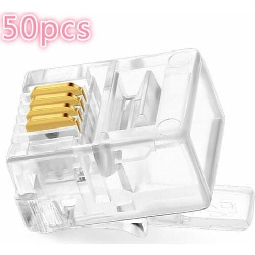 50 pcs Crystal Head RJ11 6P4C Plug Gold Plated Network Connector 6P4 Core Telephone Crystal Head