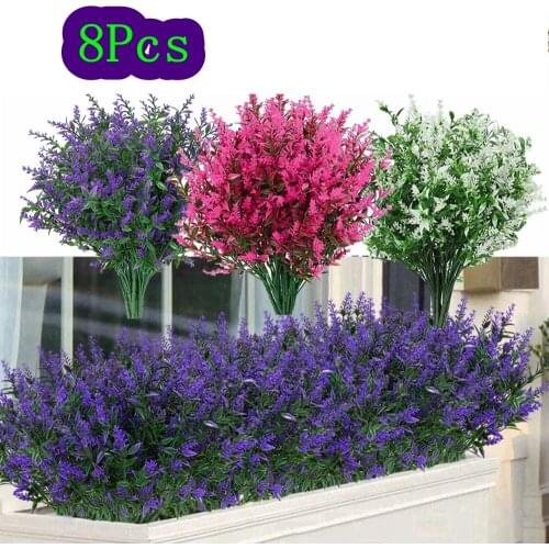 8 Bundles Artificial Lavender Flowers Outdoor Fake Flowers For Decoration Wedding Decor Uv Resistant No Fade Faux Plastic Plants