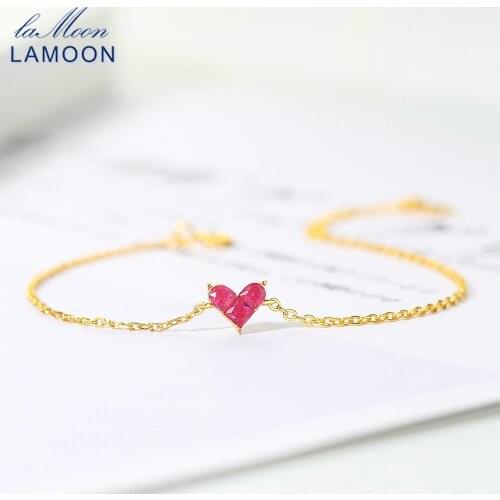 LAMOON S925 Silver Bracelet For Women Sweety Heart Synthetic Corundum 14K Gold Plated Fine Jewelry Girlfriend Gift LMHI073