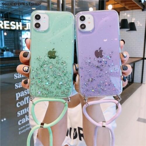 Strap Cord Chain Phone Case For iPhone 12 11 Pro Max XR X XS 6 7 8 Plus SE 12mini Luxury Glitter Star Soft Clear Lanyard Cover