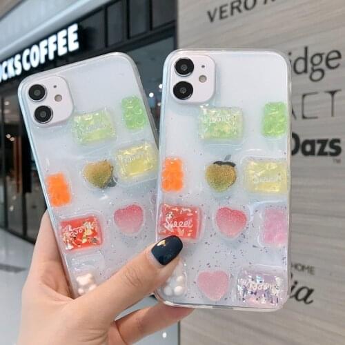 Cute 3D Stereo Glitter Phone Case For iPhone 11 Pro Max XR Xs X 7 8 Plus SE 2020 Gummy Bear Candy Color Bling Clear Back Cover