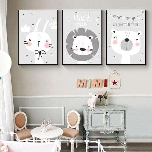 Nordic Poster Baby Poster Bunny Bear Lion Canvas Painting Nursery Wall Art Prints Posters Wall Pictures For Kids Bedroom Decor