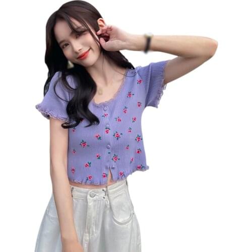 Floral Print Tee Shirts O Neck Lace Button Short Exposed Navel Tops Female Short-Sleeved Knitted T-Shirt