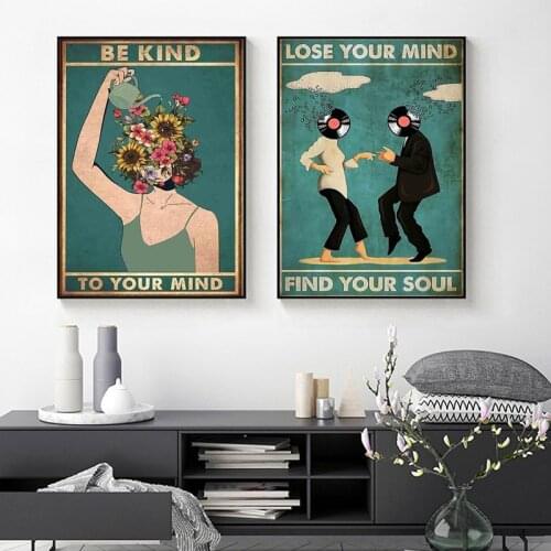 Mental Health Art Be Kind To Your Mind Quotes Wall Art Canvas Painting Prints Dancing Together Vintage Pictures Living Room Wall