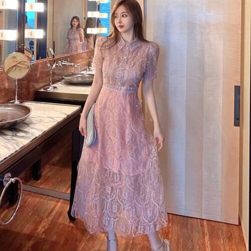 JSXDHK Elegant Luxury Women Pink Mesh Party Dresses New Autumn Runway Flower Embroidery Pearl Button Lapel Collar Long Vestidos