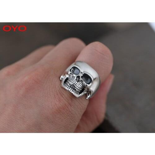 100% S925 Silver Retro Craft Open Index Finger Ring Mens Thai Silver Fashion Skull Ring