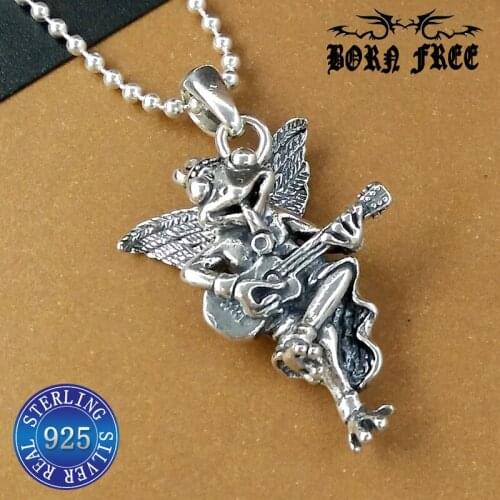 925 sterling silver angel wings frog & guitar pendant necklace choker necklaces pendants personality trendy original pop charms