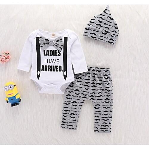 Newborn Baby Boy Clothing Set 2021 Autumn Long Sleeve Letter Fake Sling Romper + Mustache Pants Hat 3PCS Boy Gentleman Set
