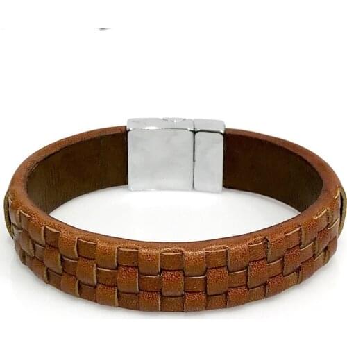 Tan Beige Mesh Genuine Leather Steel Male Bracelet