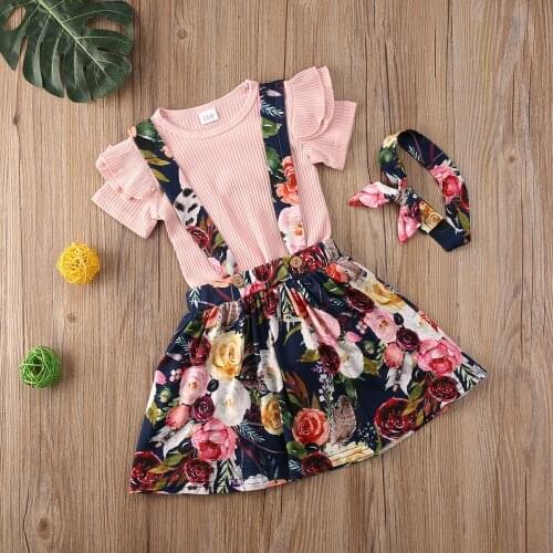 3Pcs Children Kids Girls Summer Outfits Short Sleeve O Neck Solid Top Floral Print Suspender Skirts Headband Infant Toddler Set
