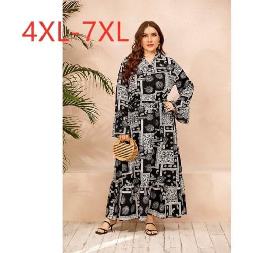 New ladies autumn winter plus size long dress for women large long sleeve loose casual print gray belt dress 4XL 5XL 6XL 7XL