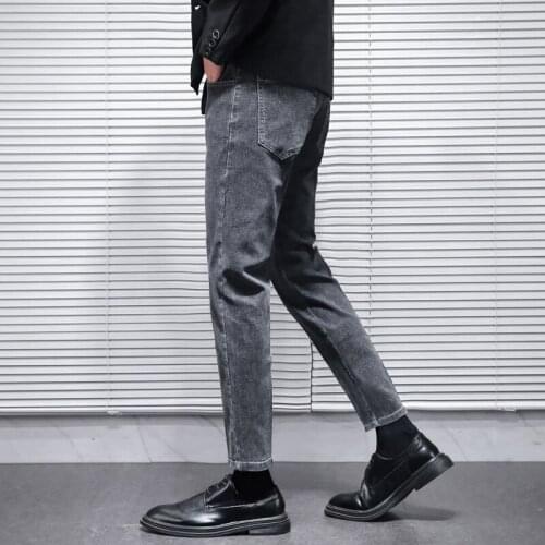 The new autumn loose straight leg Korean youth campus style trend blue gray solid color all-match suit nine-point mens jeans
