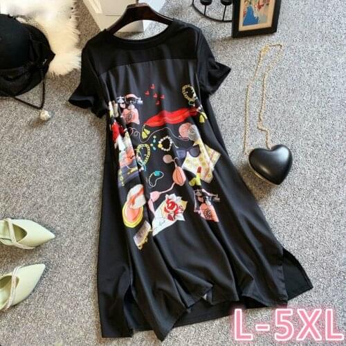 Plus Size 4XL 5XL Short Sleeve Dress Women Summer Printed Black Knee Length Loose Fashion Leisure Chic Women Dresses