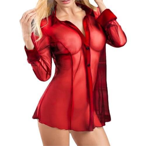 Sexy Lingerie Porno Bodydoll Women Transparent Lace Shirt Sexy Underwear Erotic Costumes Long Sleeve Pajamas Plus Size Red Tops