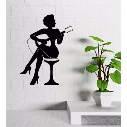Bar Decoration Woman Play Guitar Silhouette Wall Sticker Music Style Art Wall Decals Home Guitar Art Vinyl Wall Mural Q129