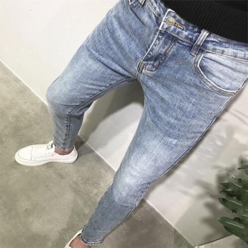 Spring and Autumn 2021 Fashion Casual Light Blue All-match Slim Ankle Jeans with Small Feet Korean Youth Mens Casual Pants