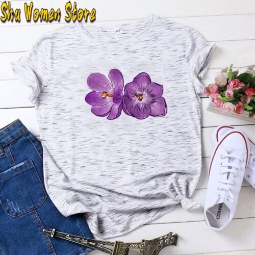 Women 2021 Summer Short Sleeve Blue flowers Fashion Lady T-shirts Top T Shirt Ladies Womens Graphic Female Tee T-Shirt
