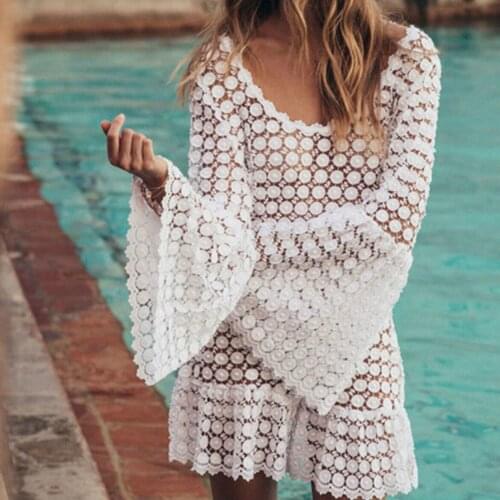 Fashion Women Lace Crochet Bikini Cover-Ups Female Flare Sleeve Sexy Summer Swimwear Beach Dress Cover Up Outfits