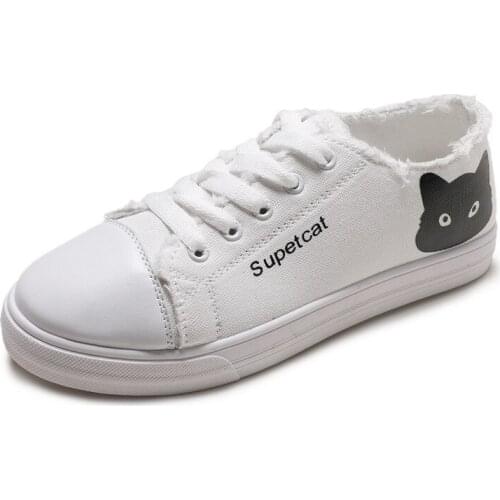 2019 Classic Women Flats Shoes Summer Breathable Canvas Shoes Lace Up Women Shoes Cute Cat Pritting Ladies Shoes Walking Shoes