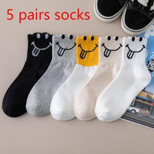 5 Pairs Lot Funny Cartoon Smile Women Cotton Crew Socks Casual Harajuku Korean Style Girls Cute White Socks For Gifts Set Pack