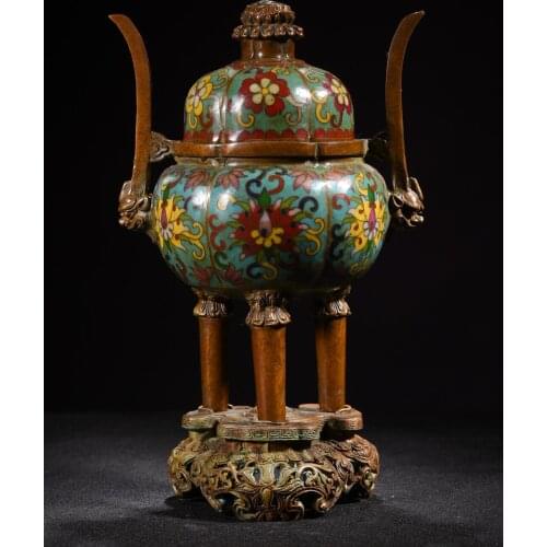 9"Tibet Temple Collection Old Bronze Cloisonne Enamel Flower towards crown ears Lion head Three-legged incense burner Ornaments
