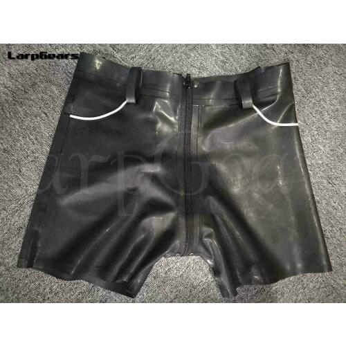 Free Shipping !!! Black with White Strip Latex boxer shorts with 2 back pockets Crotch Zipper