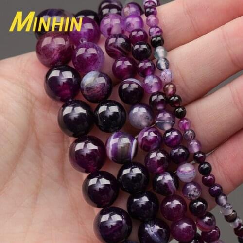 MINHIN Purple Zircon Stripe Agates Natural Stone Beads for DIY Jewelry 4/6/8/10/12MM Round Loose Beads For Jewelry Making