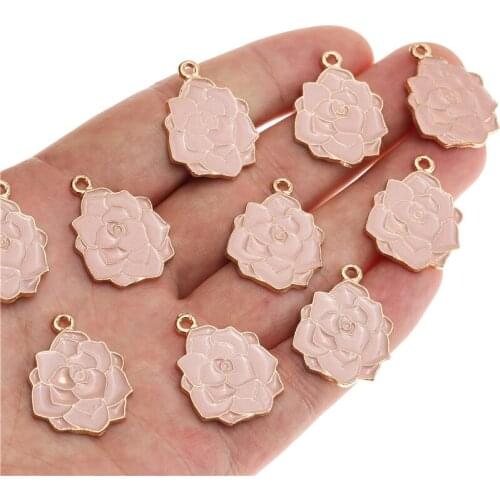 HEYUYAO 10pcs/lot Pink Color Rose Flower Alloy Charms Pendant For Women DIY Handmade Necklace Bracelet Jewelry Accessories
