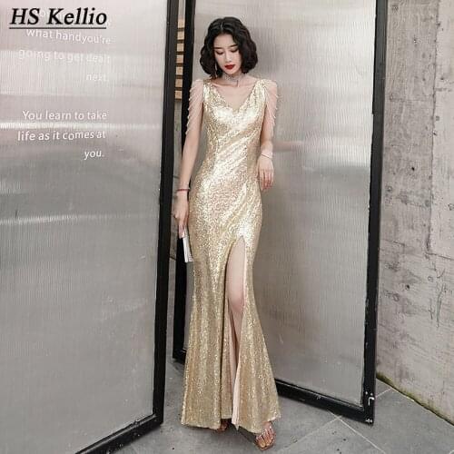 HS Kellio Gold Evening Dresses Sexy Side Split Sequined Birthday Party Dress For Women