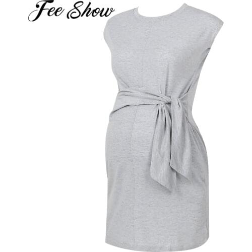 Summer Maternity Pure Color Tie-in Waist Pregnant Women Bodycon Mother Clothes Vestidos Pregnancy High Waist Wrap Casual Dress