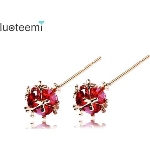 LUOTEEMI Small Lucky Ball Fashion Luxury Champagne Gold Color Imitation Garnet Zircon Stud Earrings Jewelry Factory Wholesale