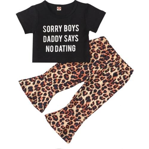 New 2 Pcs Infant Casual Outfits, Baby Girl Letter Print Short Sleeve Round Neck T-shirt + Leopard Flared Pants