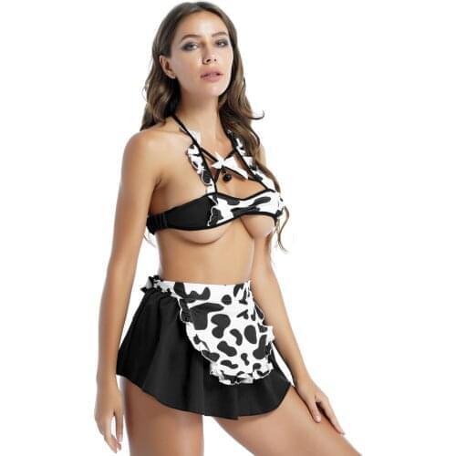 New Cos Cow Cosplay Costume Maid Lingerie Set Anime Girls Maid Role Play Costume Halter Lace-up Bra with Ruffle Mini Skirt Apron